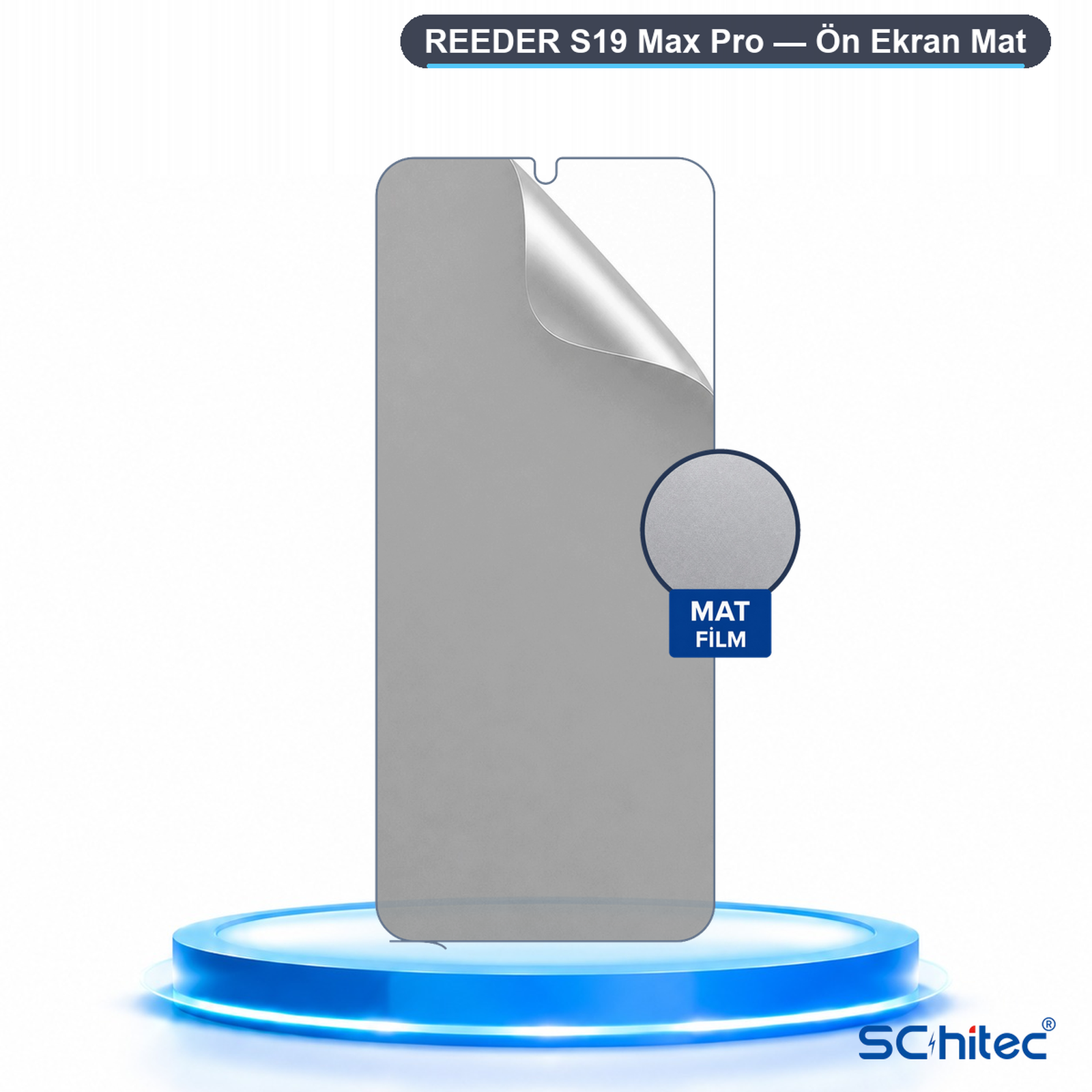 Mavi bir kaide üzerinde Reeder S19 Max Pro için mat ekran koruyucu.