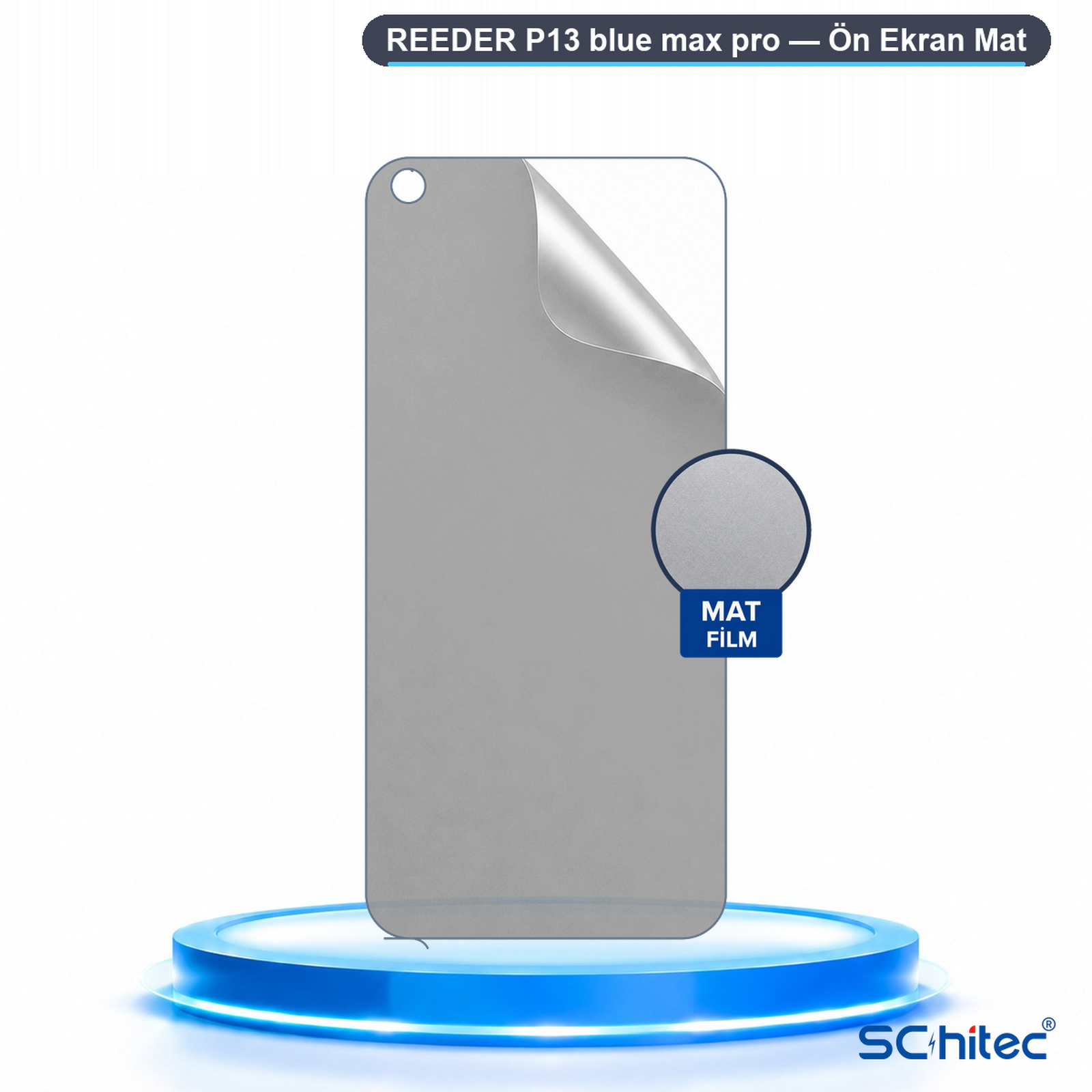 Mavi bir kaide üzerinde Reeder P13 Blue Max Pro için mat ekran koruyucu.