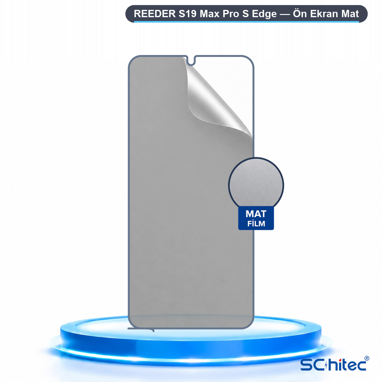 Mavi bir kaide üzerinde Reeder S19 Max Pro S Edge için mat ekran koruyucu.