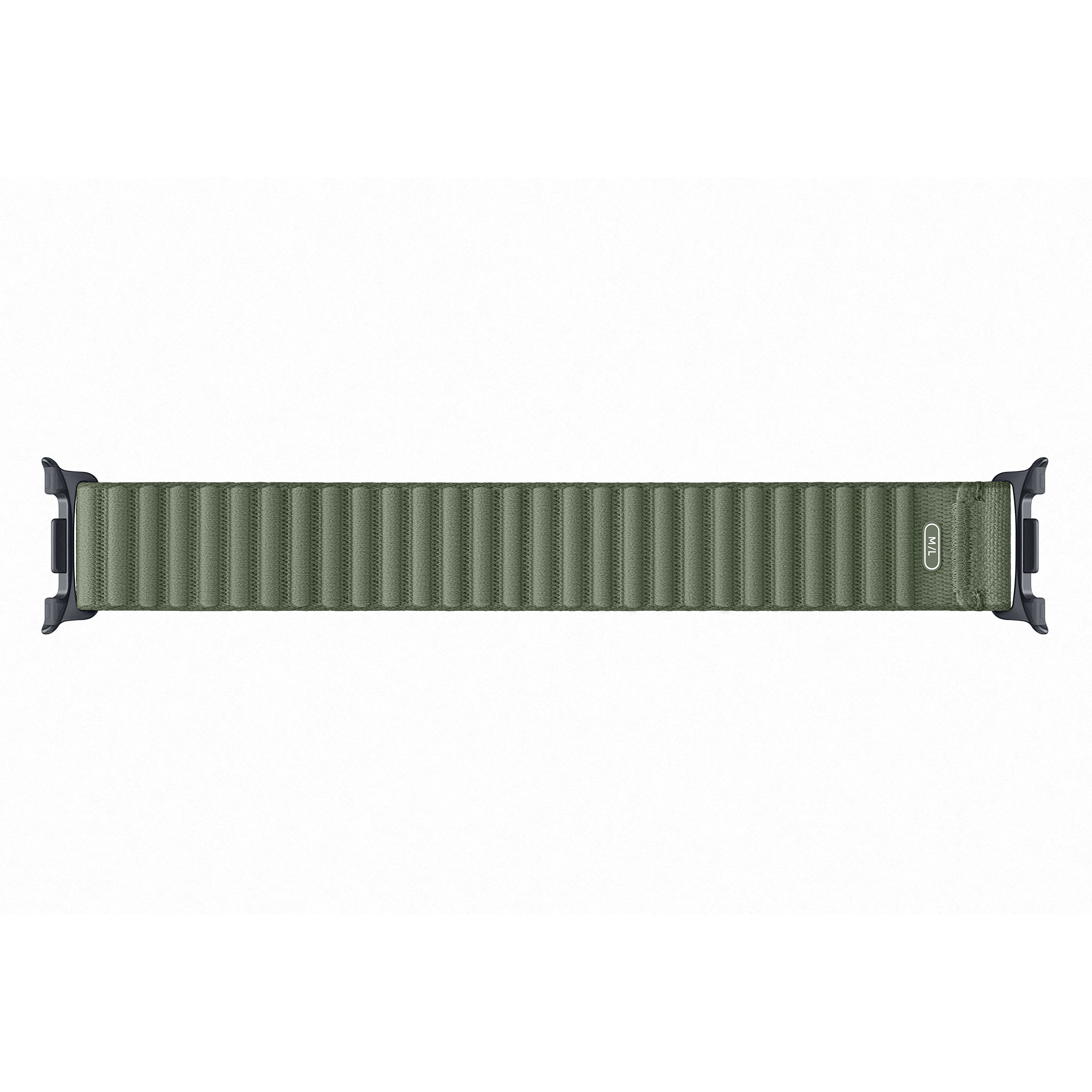 Una correa verde oliva para Apple Watch con etiqueta de talla M/L sobre fondo blanco.