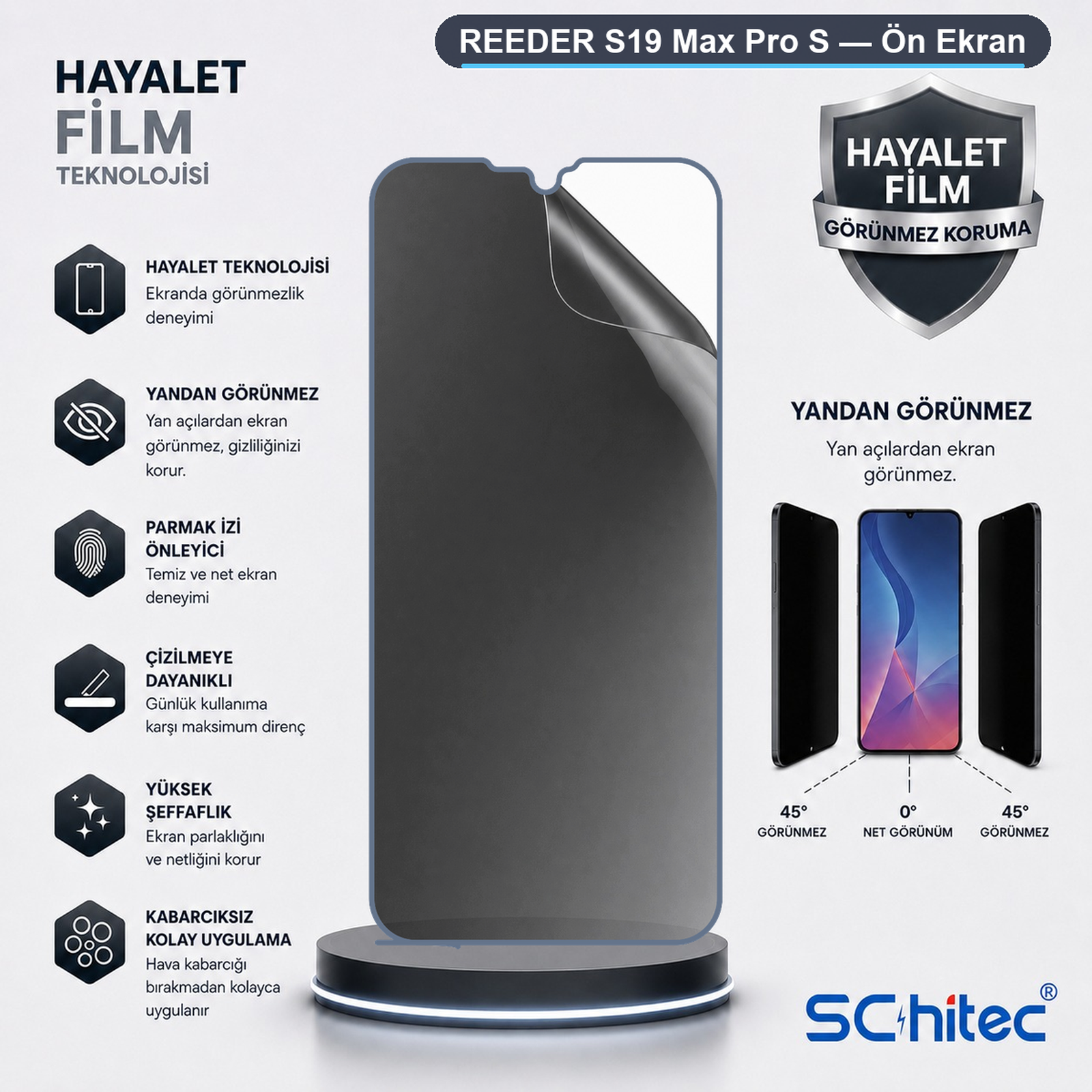 Reeder S19 Max Pro S hayalet ekran koruyucu, gizlilik ve çizilmeye dayanıklılık özellikleri.