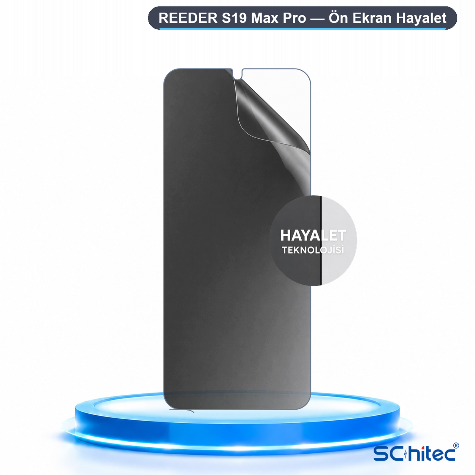 Mavi bir kaide üzerinde Reeder S19 Max Pro için hayalet ekran koruyucu.