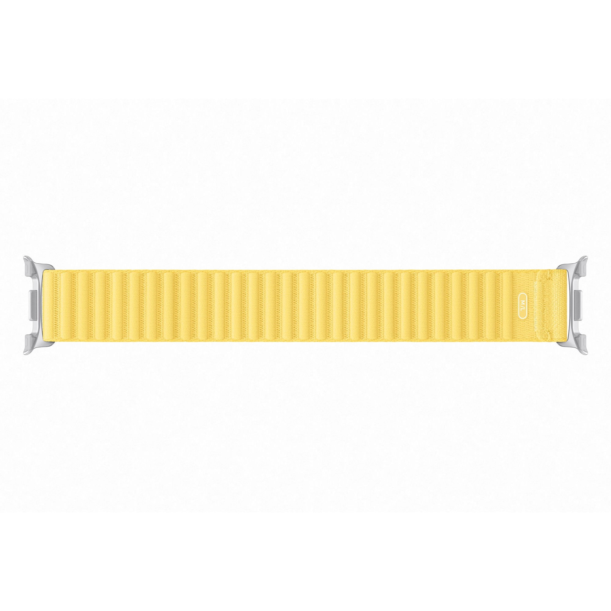 Una correa Alpine Loop amarilla para Apple Watch con conectores de titanio sobre fondo blanco.