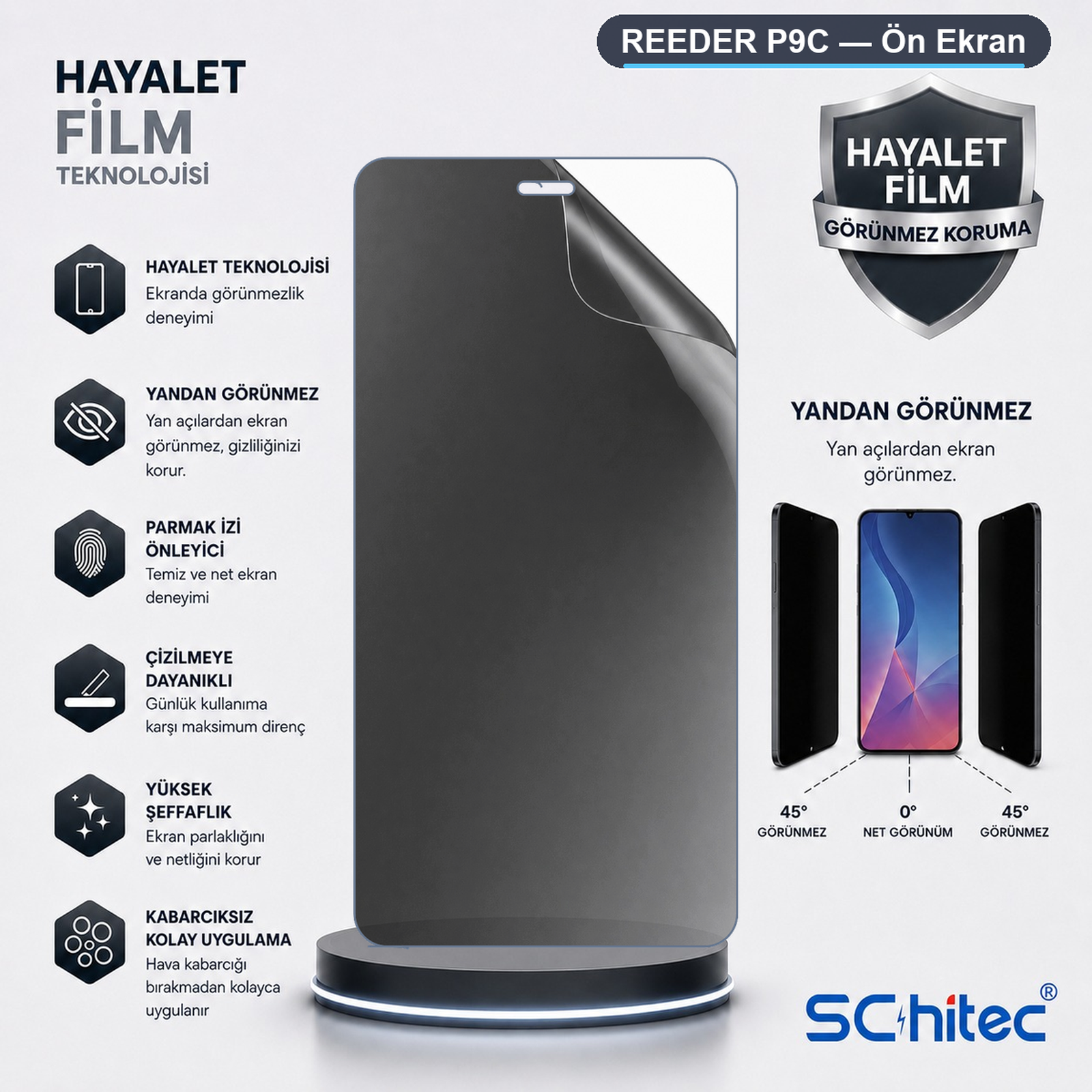 Reeder P9C hayalet ekran filmi için özellikler ve görseller içeren ürün reklamı.