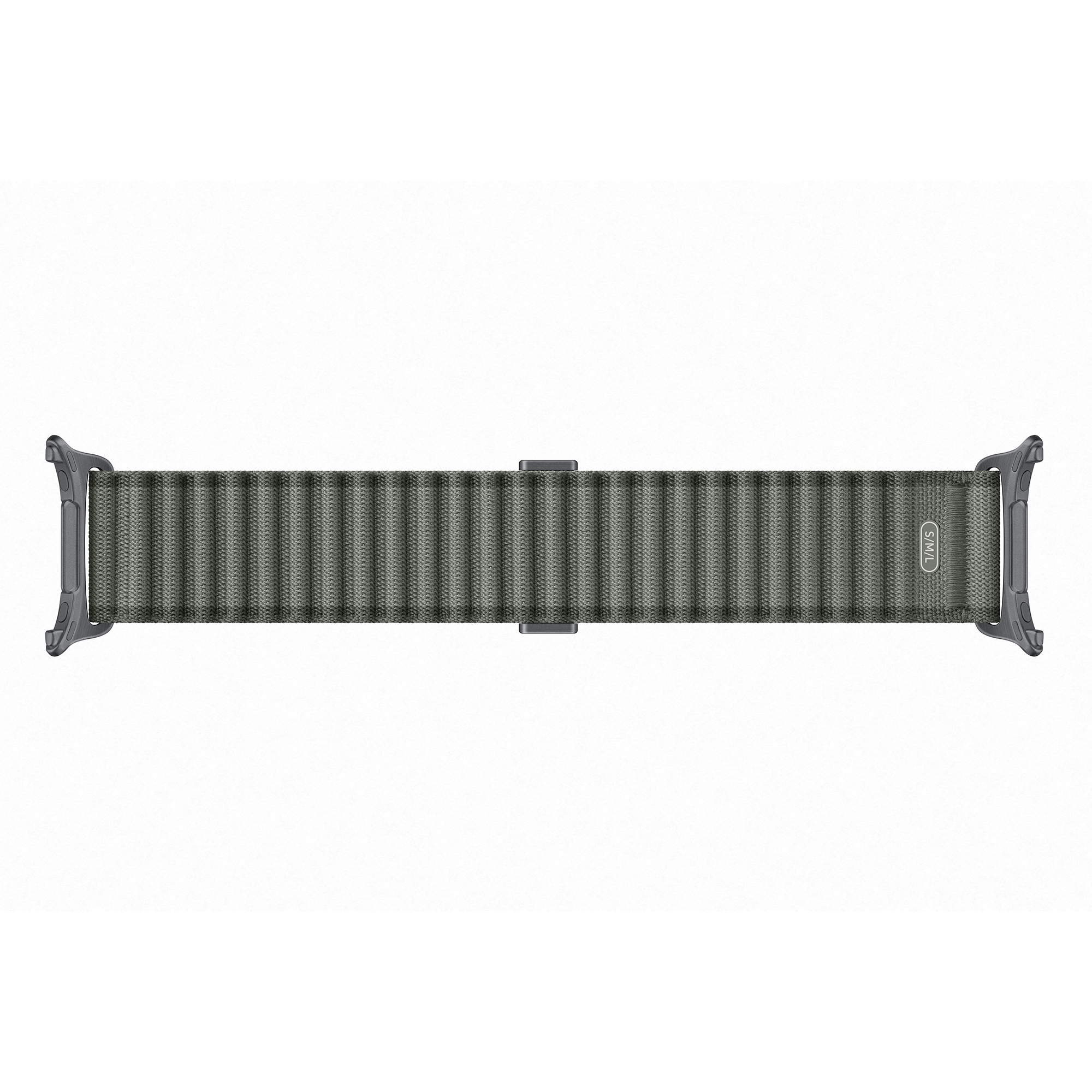 Un cinturino Alpine Loop verde oliva per Apple Watch disposto orizzontalmente.