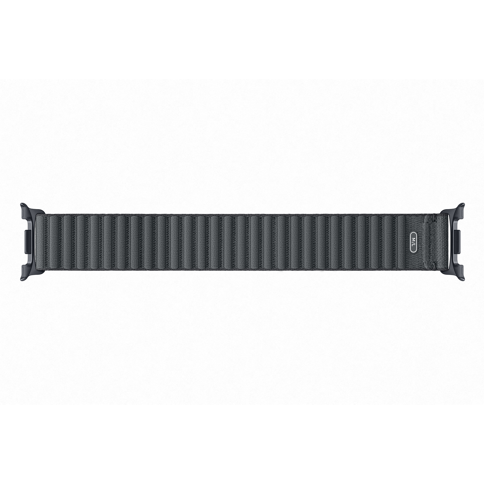 Una correa de reloj Alpine Loop negra con conectores de metal sobre fondo blanco.