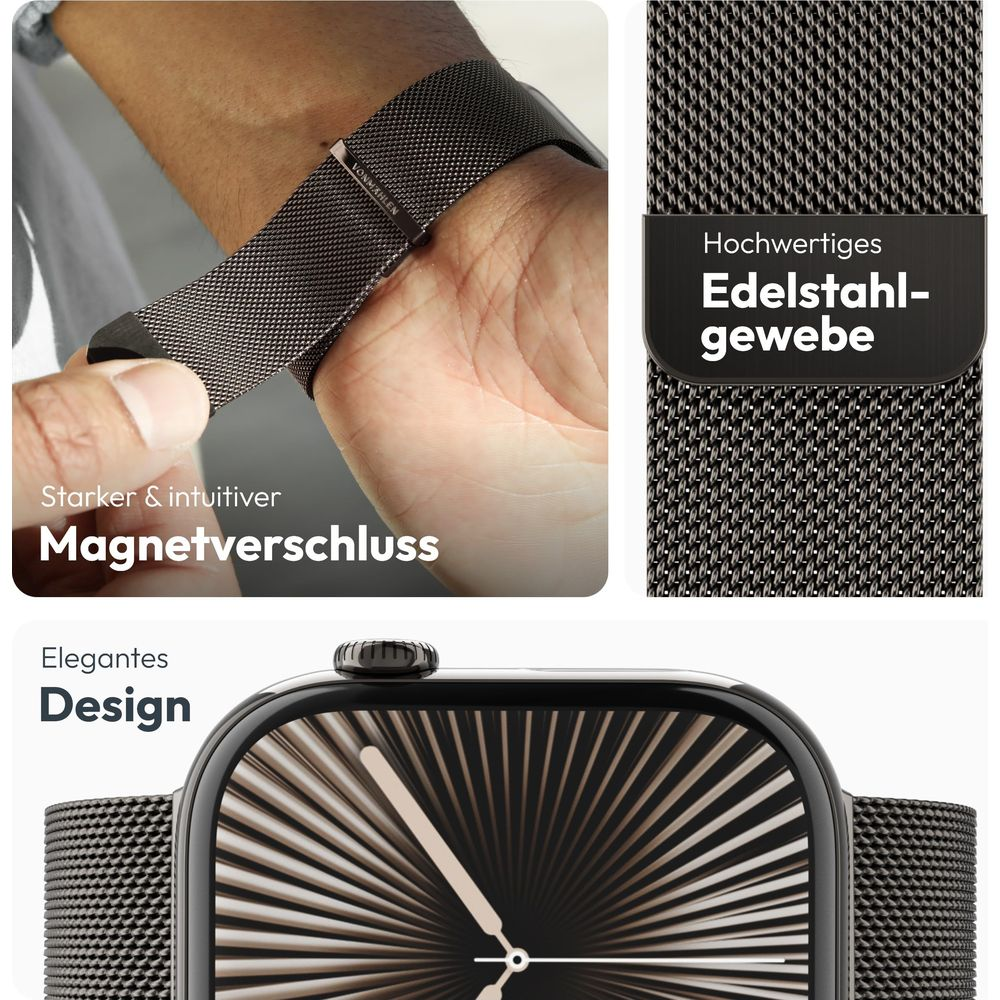 Presentazione di un cinturino per smartwatch in acciaio inossidabile con chiusura magnetica e design elegante.