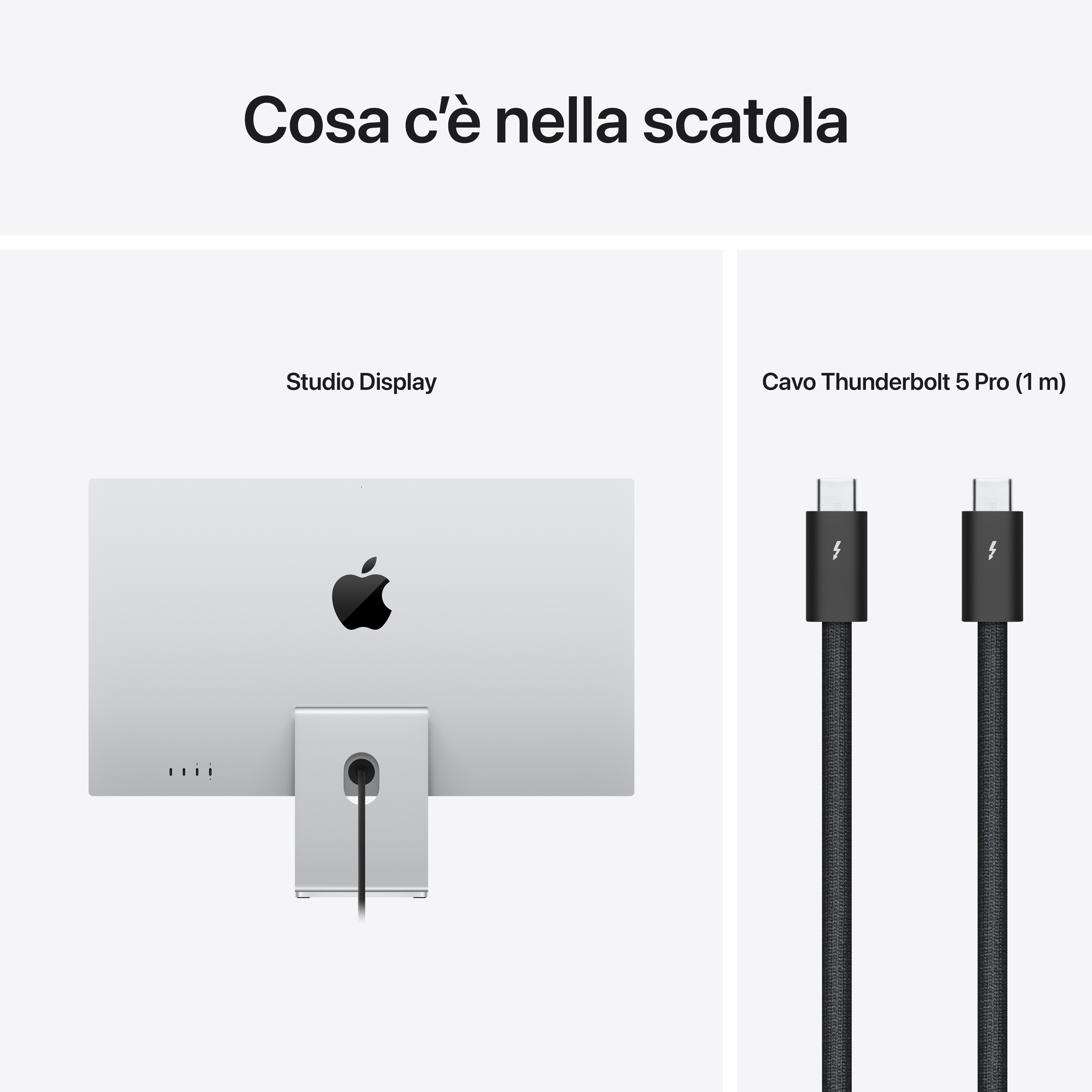 Cosa c'è nella scatola con Studio Display e cavo Thunderbolt 5 Pro.