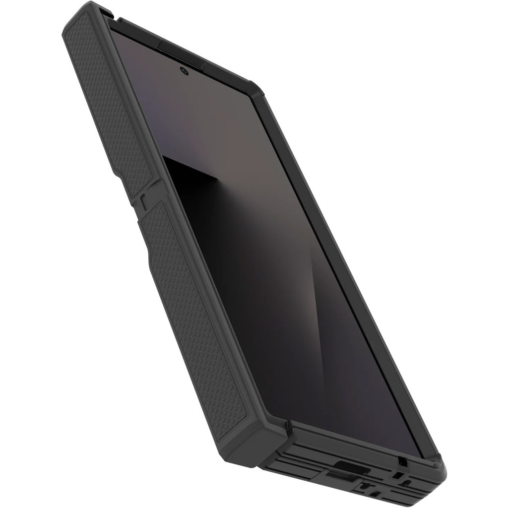 A smartphone inside a rugged black protective case, viewed at an angle on a white background.
