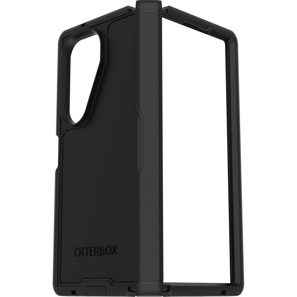 Eine schwarze OtterBox Falttelefonhülle mit strukturiertem Rücken und Aussparungen.