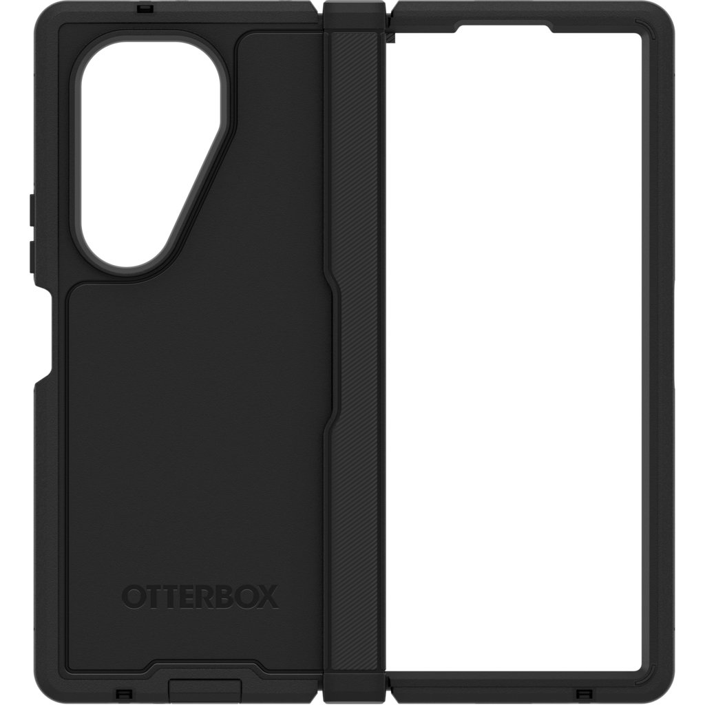 Schwarze OtterBox-Klapphülle für ein faltbares Smartphone, frontal auf weißem Hintergrund.