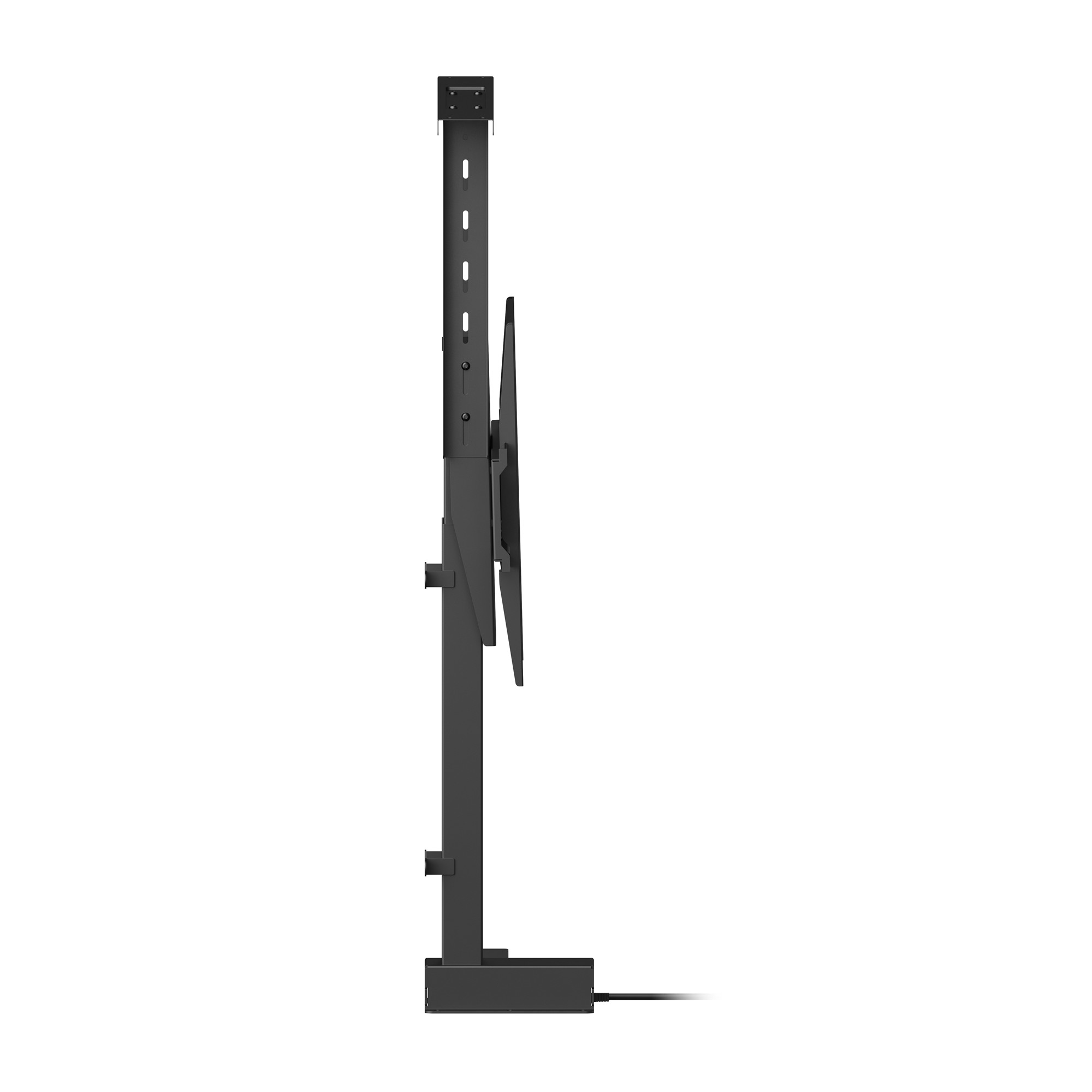 Schwarze TV-Wandhalterung in Seitenansicht mit Kabel.