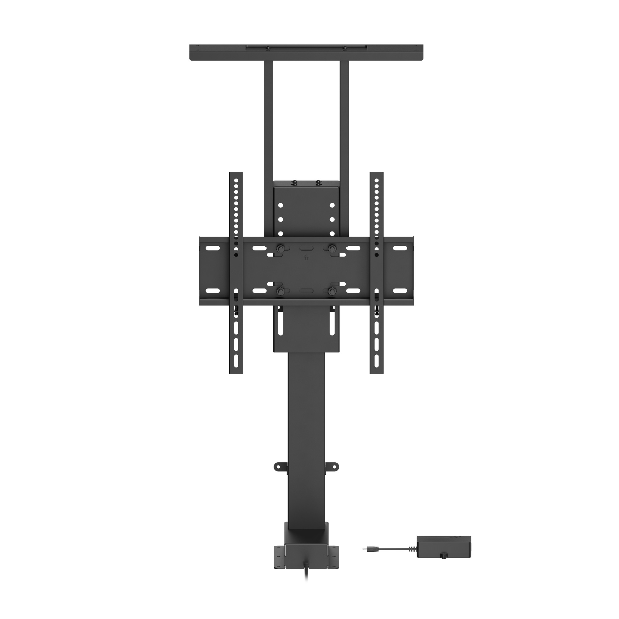 Schwarze motorisierte TV-Deckenhalterung mit Montageplatten und Stromkabel auf weißem Hintergrund.