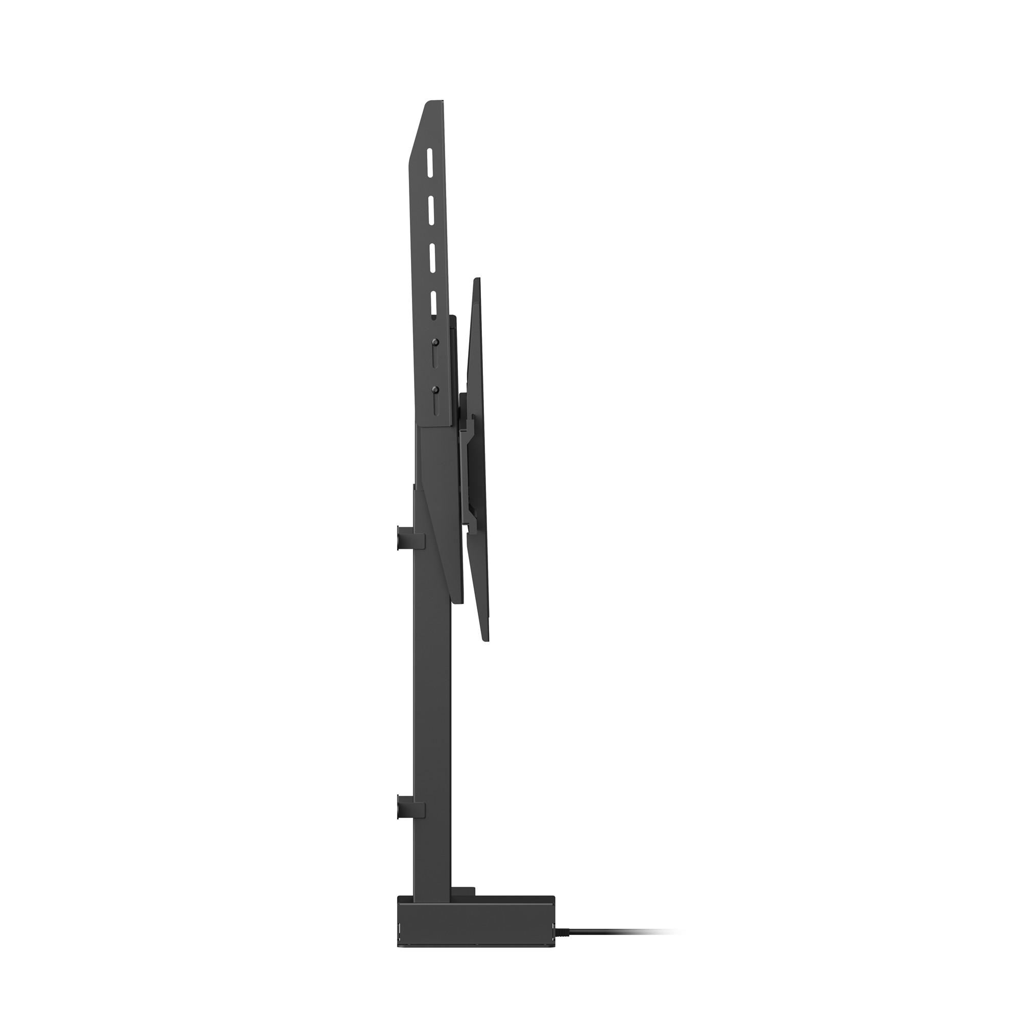 Seitenansicht einer schwarzen TV-Halterung mit vertikaler Stange und flacher Basis auf weißem Hintergrund.