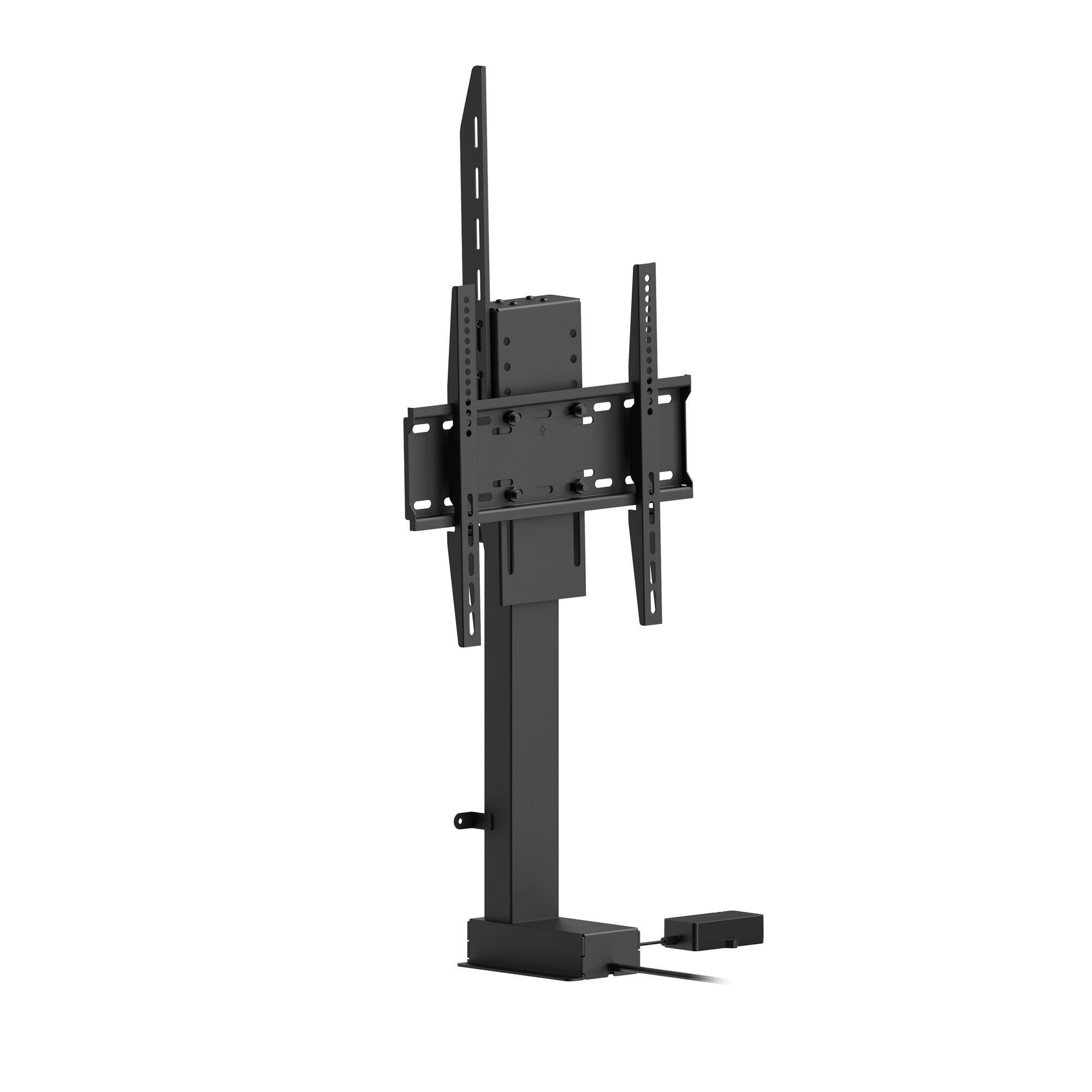 Ein schwarzer, motorisierter TV-Wandhalter mit vertikalen Montageschienen.