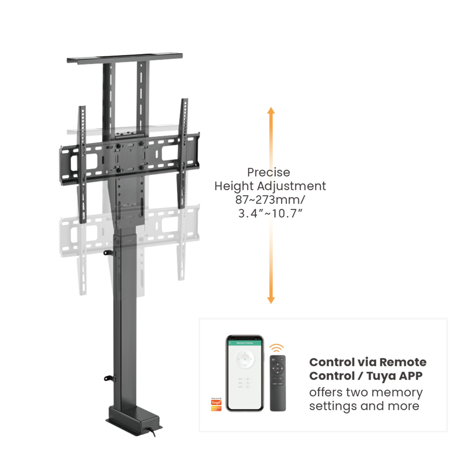 Motorisierter TV-Halter mit präziser Höhenverstellung, steuerbar per Fernbedienung oder App.
