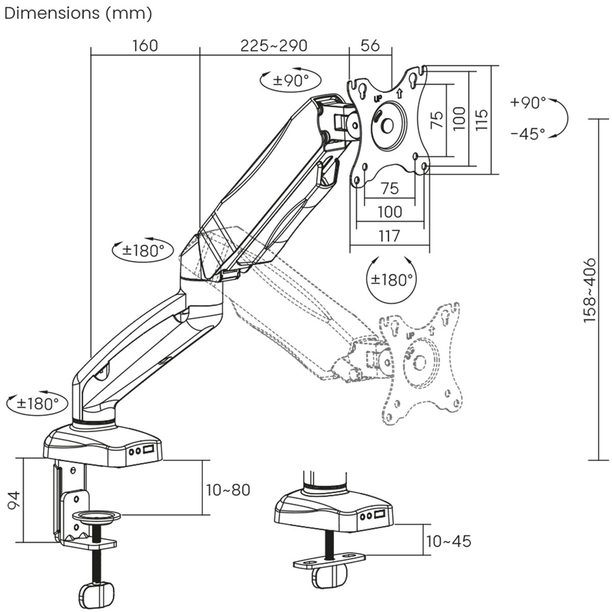 Technische Zeichnung eines verstellbaren Monitorarms mit Maßen in Millimetern.