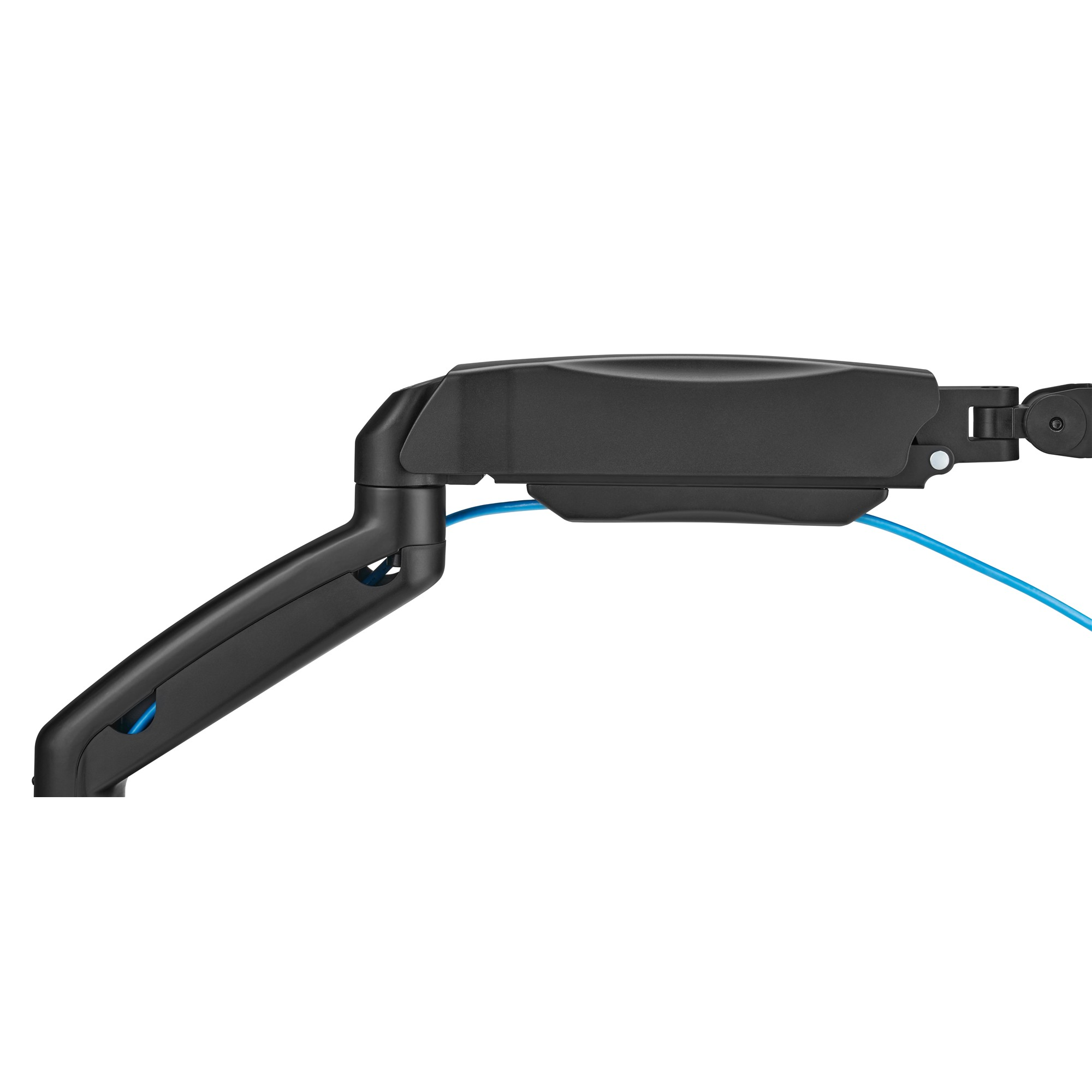 Ein schwarzer Monitorarm mit einem blauen Kabel, das durch das Gelenk geführt wird.