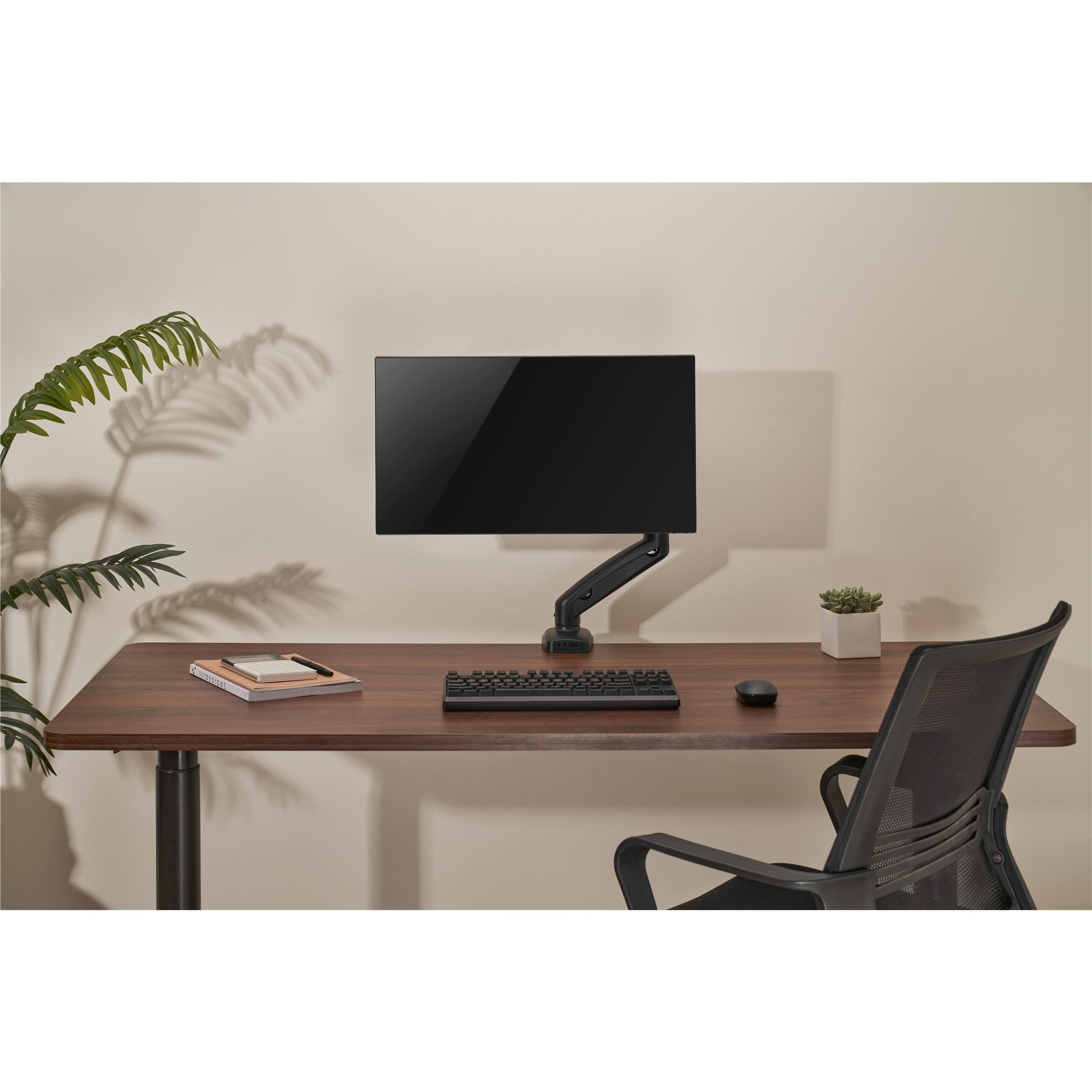 Ein Holztisch mit einem schwarzen Monitor auf Halterung, Tastatur, Maus, Büchern und einer Pflanze vor einer Wand.