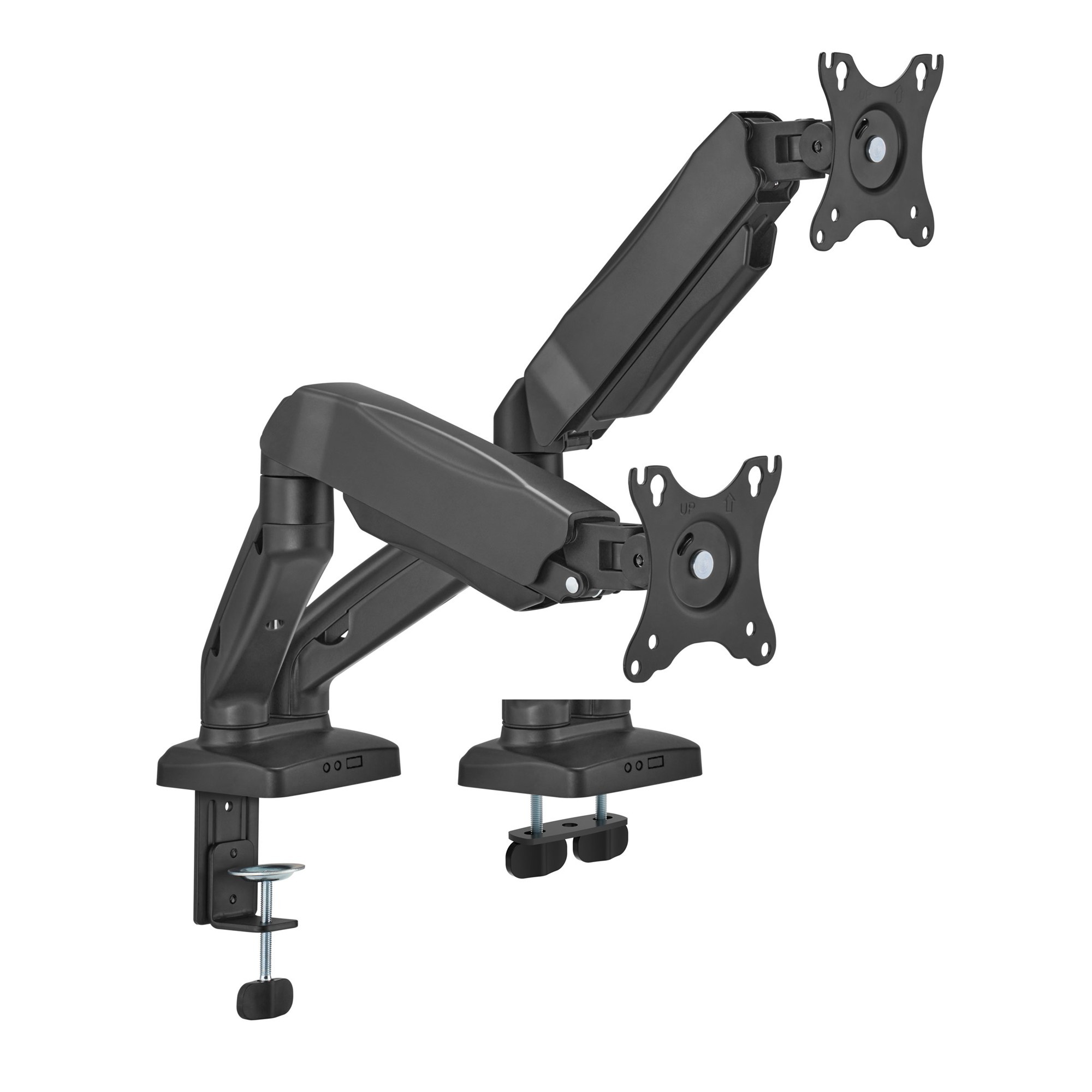 Ein schwarzer Dual-Monitor-Tischhalter mit verstellbaren Armen und Klemmen vor weißem Hintergrund.