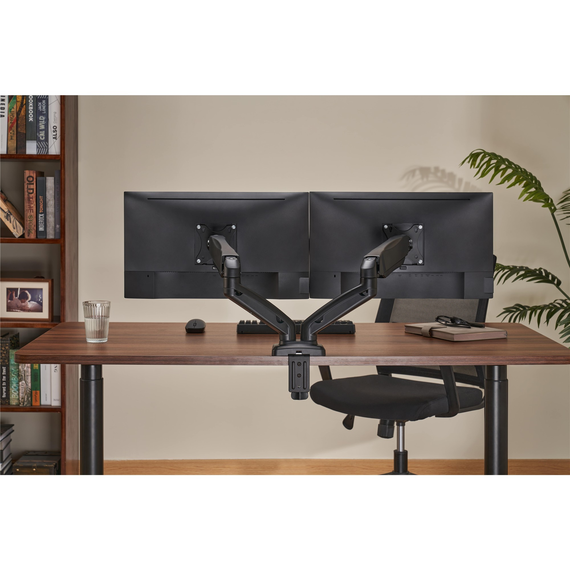 Rückansicht von zwei Computermonitoren auf einem Doppelarmständer auf einem Holzschreibtisch, mit Regal und Pflanze im Hintergrund.