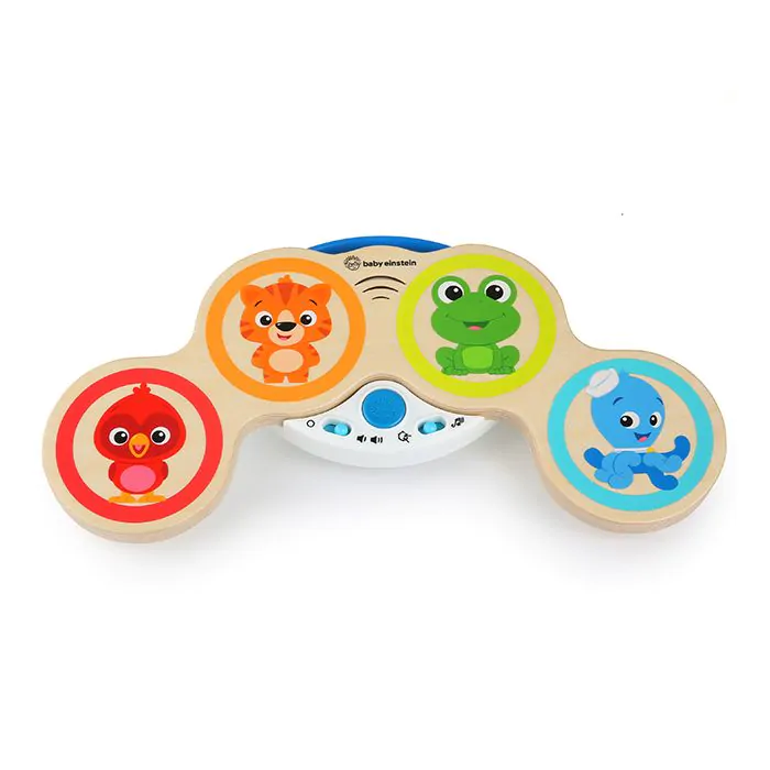 Un colorido juego de tambores de juguete de madera Baby Einstein con personajes de animales.