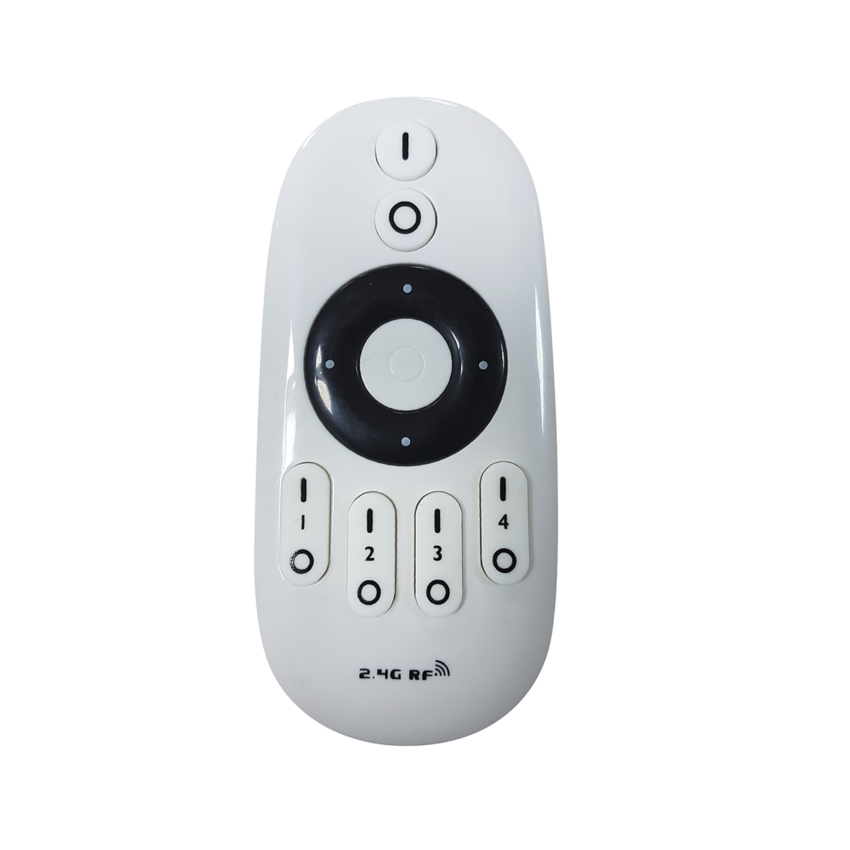 Control remoto RF de 2.4G blanco con botones redondos y un anillo negro central sobre fondo blanco.