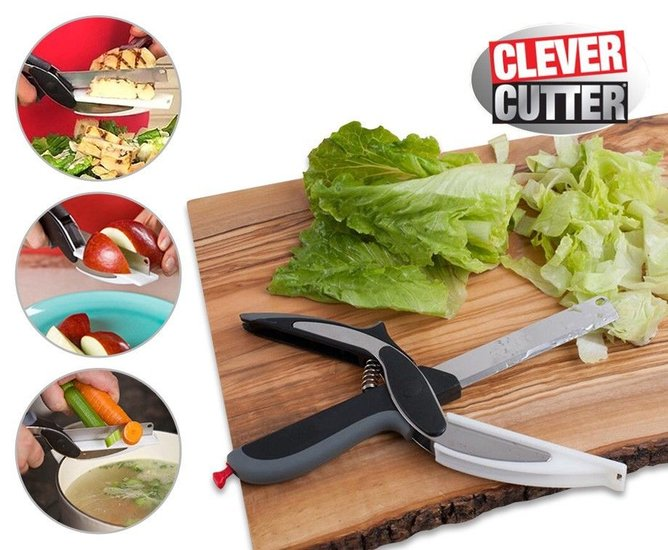Clever Cutter en tabla de madera junto a lechuga, con fotos inset mostrando corte de pan, manzanas y zanahorias.