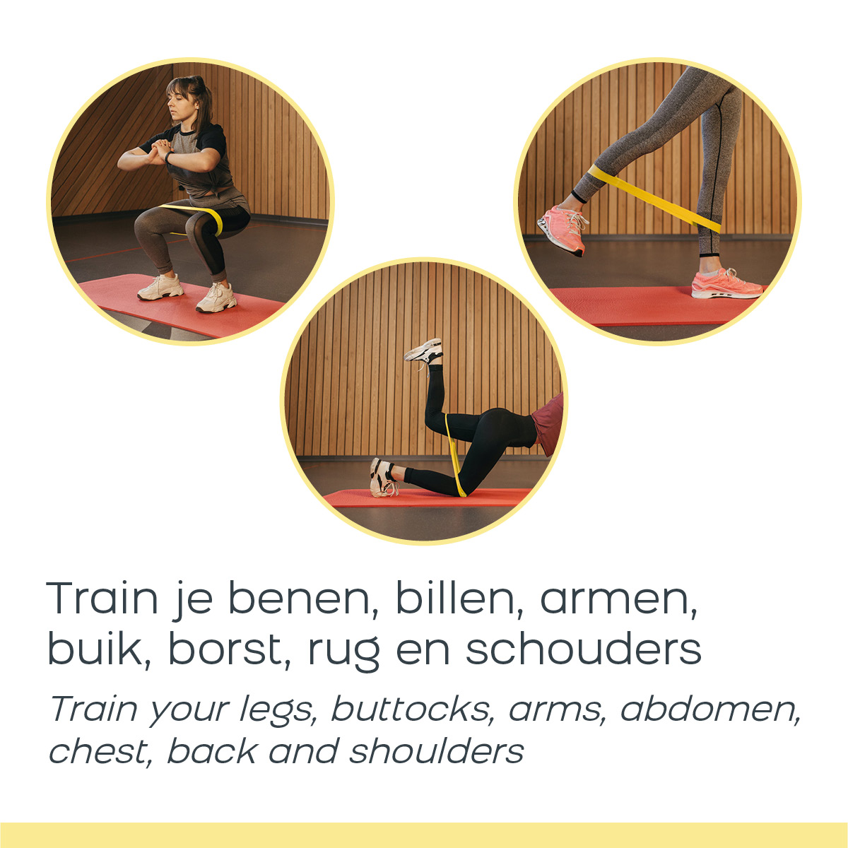 Eine Frau in Sportkleidung nutzt ein gelbes Fitnessband bei Übungen auf einer roten Matte vor Holzwand.