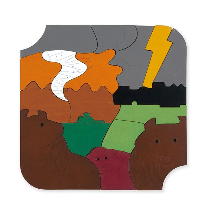 Rompecabezas de madera con animales y un paisaje de tormenta con tornado.