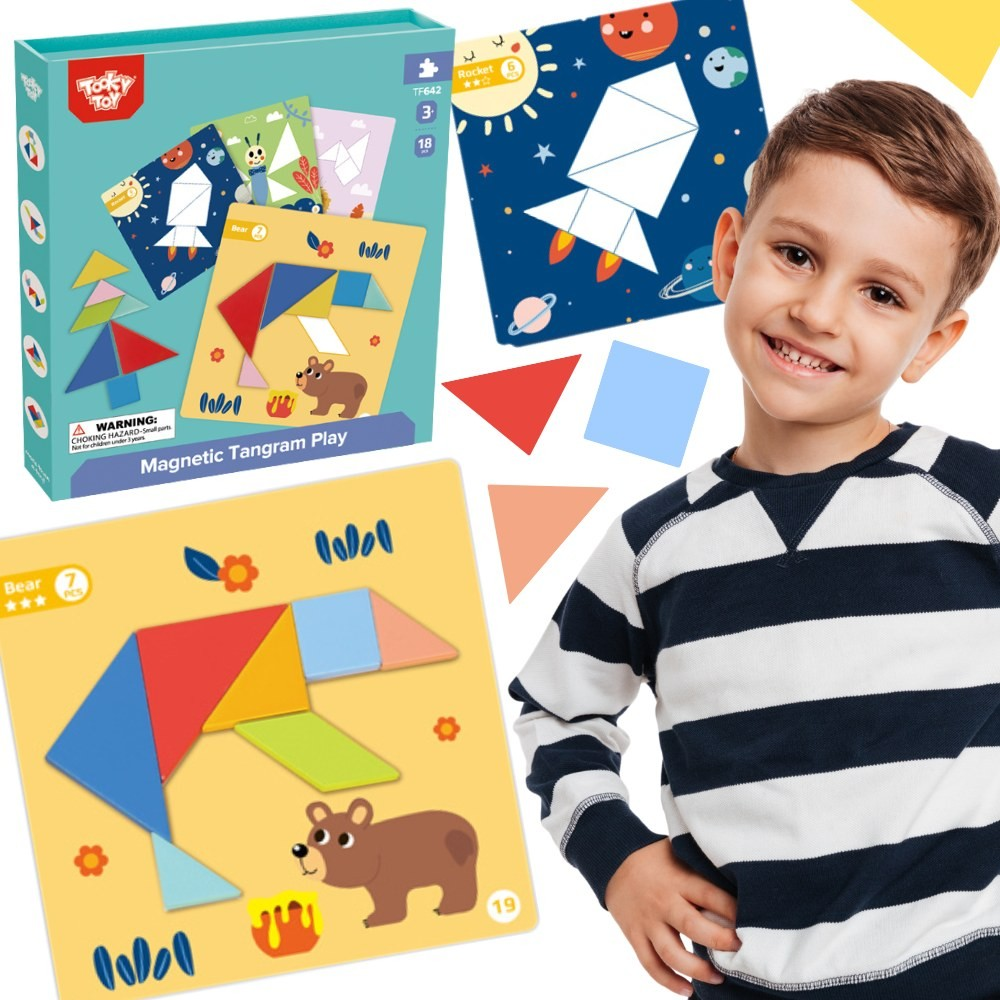 Ein lächelnder Junge und eine Schachtel mit Magnet-Tangram-Spielzeug mit Tier- und Weltraummotiven.