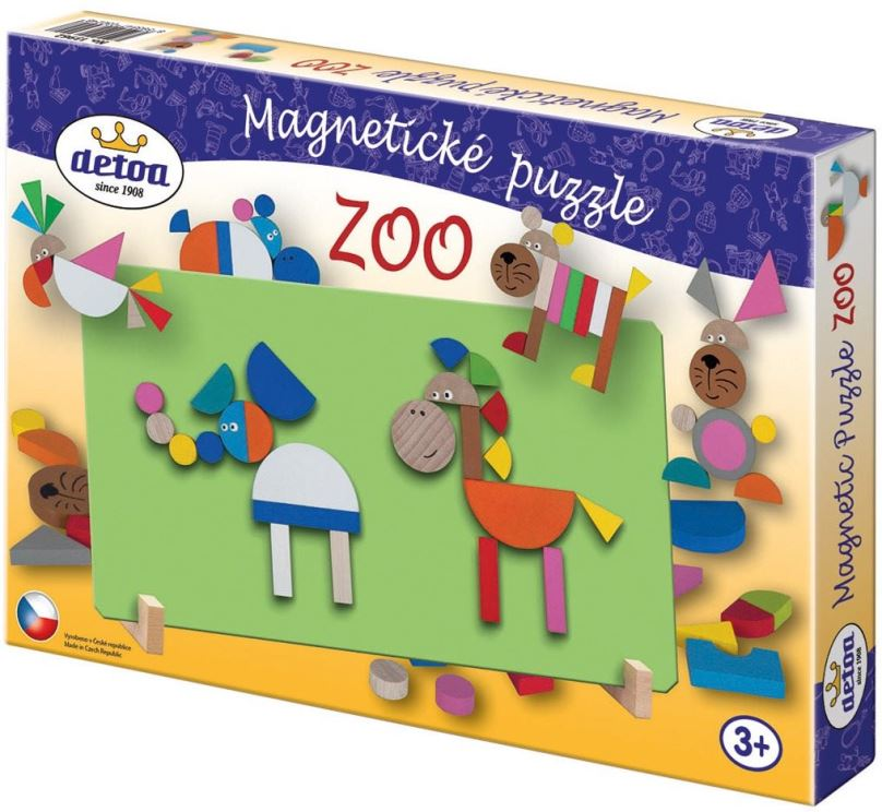 Eine bunte Detoa Magnetpuzzle-Schachtel mit Zootieren aus Holzmagneten.