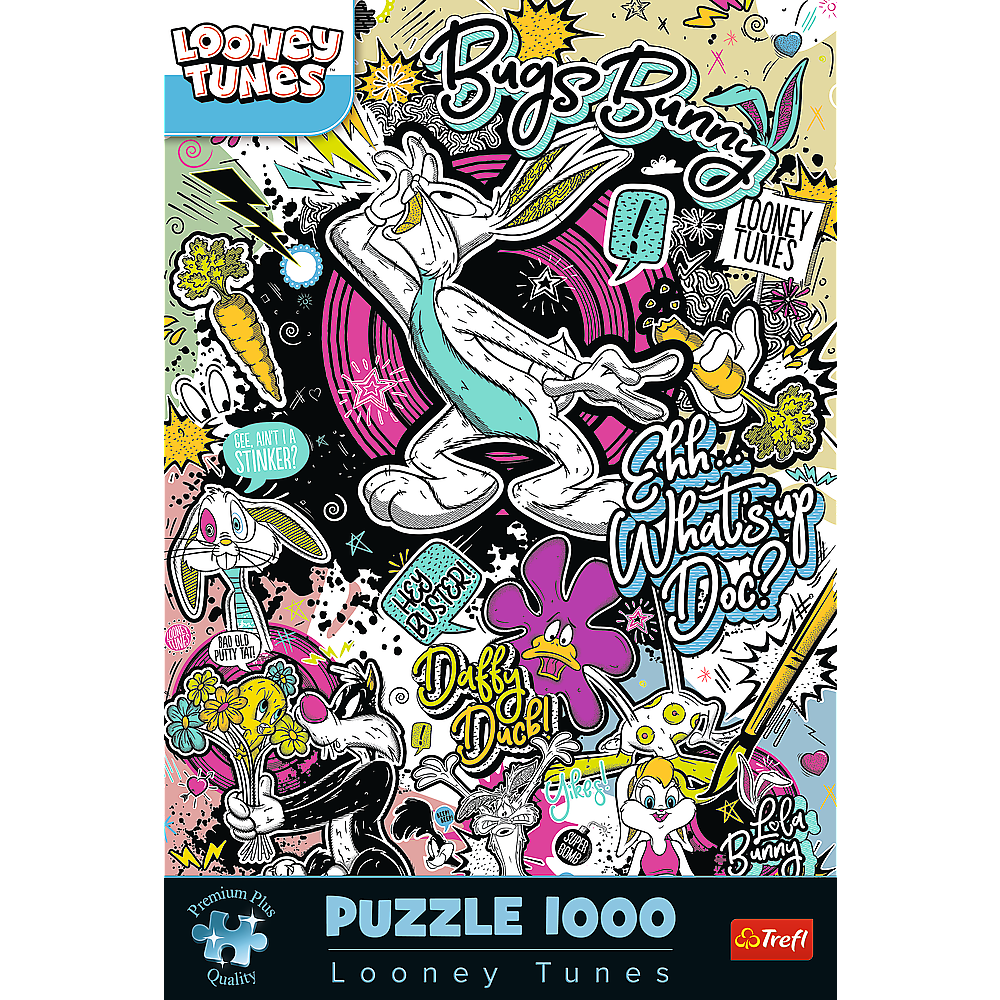 Bunte Looney Tunes 1000-Teile-Puzzlebox mit Bugs Bunny, Sylvester und anderen Charakteren im Graffiti-Stil.