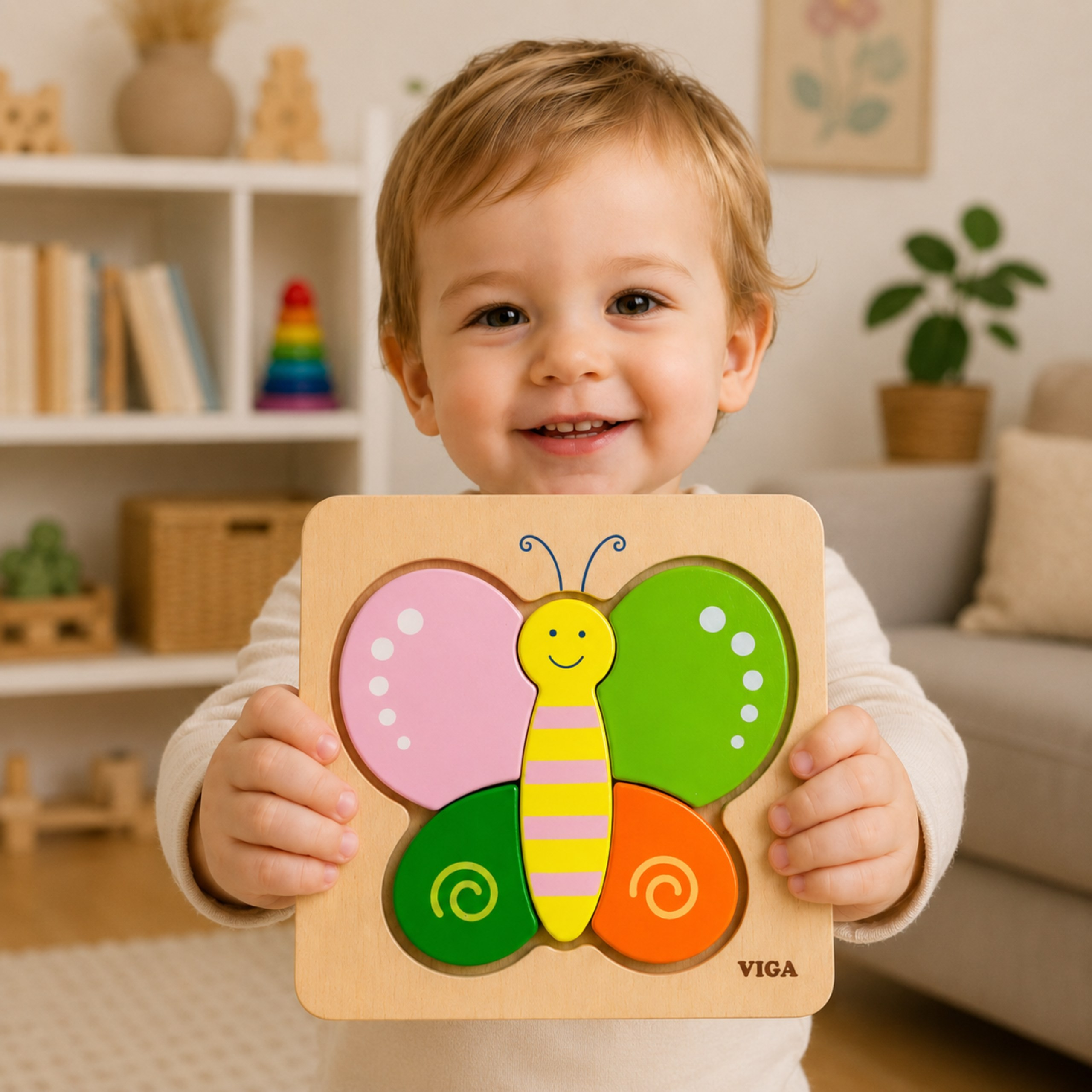 Un niño pequeño sonriente sostiene un rompecabezas de madera de mariposa en una habitación luminosa.