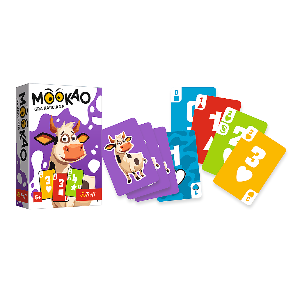 Mookao kártyajáték doboz és színes kártyák rajzfilm tehenekkel és számokkal.