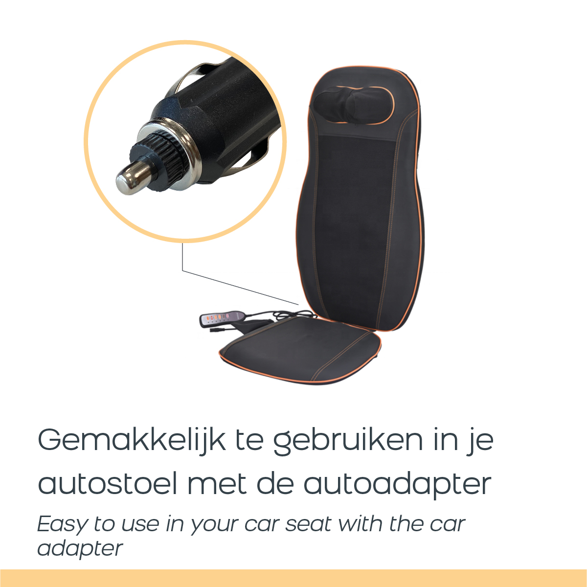 Cojín de asiento de masaje negro con costuras naranjas y adaptador de coche.