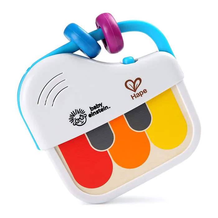 Piano de juguete de madera Baby Einstein y Hape con teclas y anillos coloridos sobre fondo blanco.