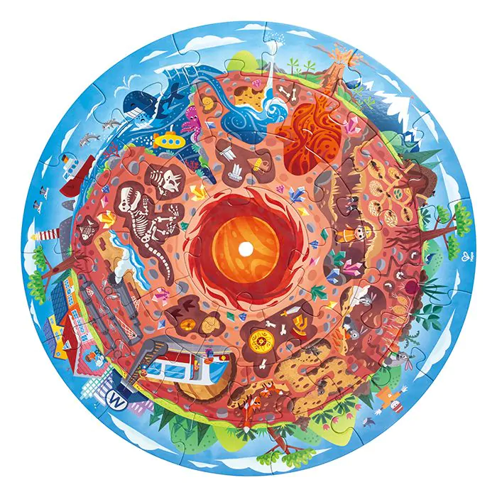 Un rompecabezas circular muestra capas geológicas de la Tierra con fósiles y un núcleo de magma.