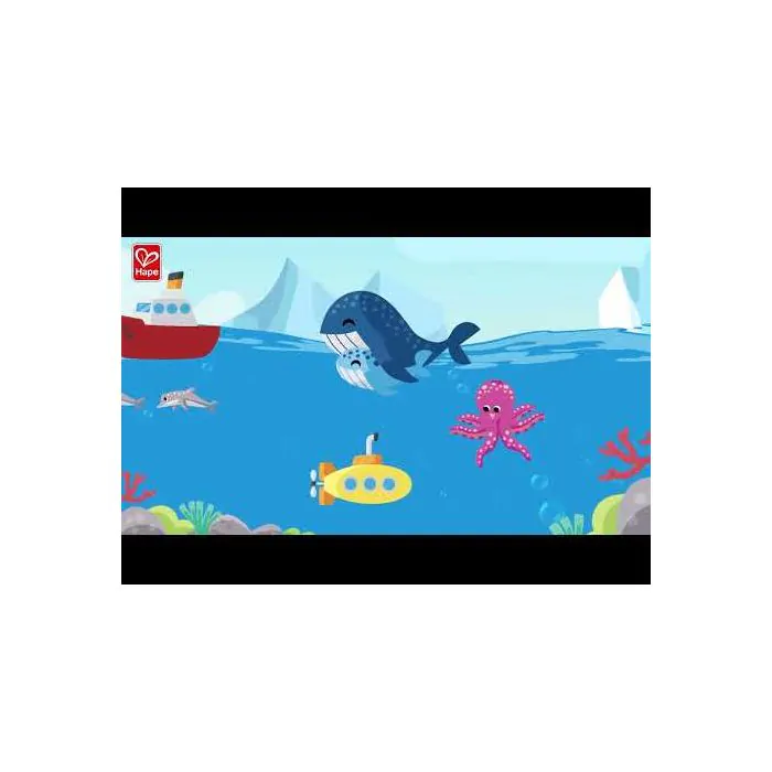 Escena submarina con una ballena azul, pulpo rosa, submarino amarillo y un barco rojo en la superficie.