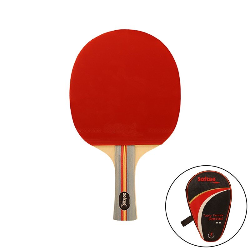 Raqueta de ping-pong roja con mango de madera y funda a juego abajo a la derecha.