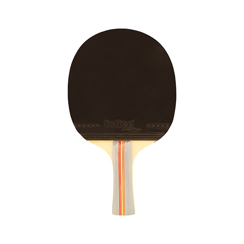 Una raqueta de ping-pong negra con mango de madera y rayas rojas y amarillas sobre fondo blanco.