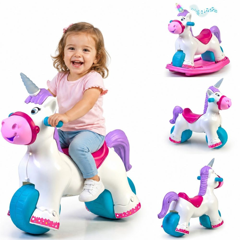 Glückliches kleines Mädchen reitet auf einem weiß-pinken Einhorn-Spielzeug, das sich in verschiedene Modi umwandeln lässt.