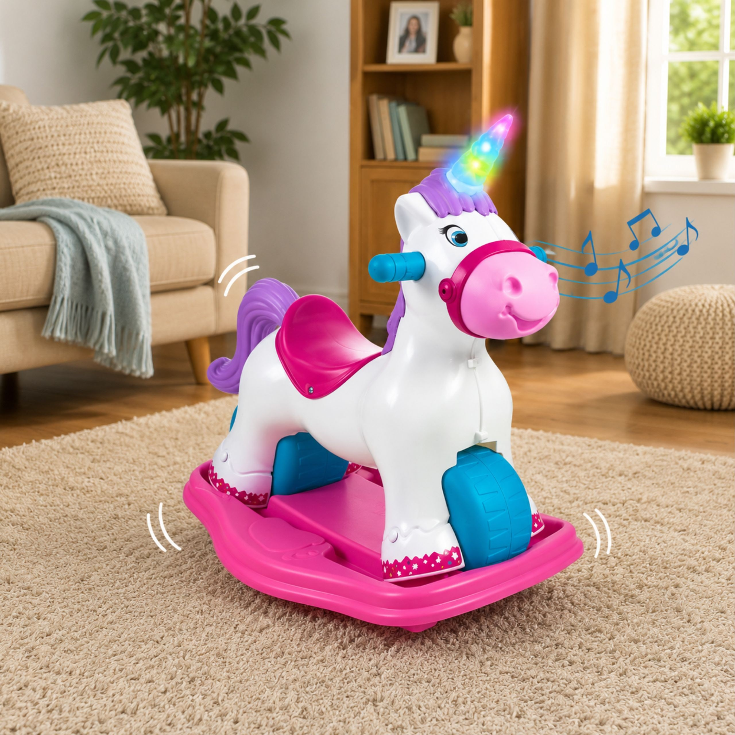 Ein weiß-rosa Schaukel-Einhorn auf einer Decke im Wohnzimmer mit leuchtendem Horn.