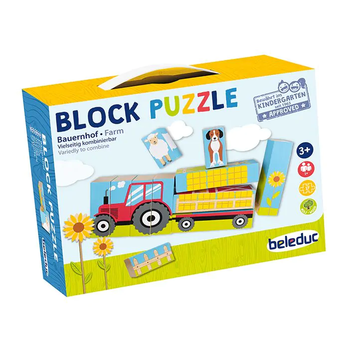 Una caja de juguetes colorida para un rompecabezas de granja con un tractor rojo y animales.