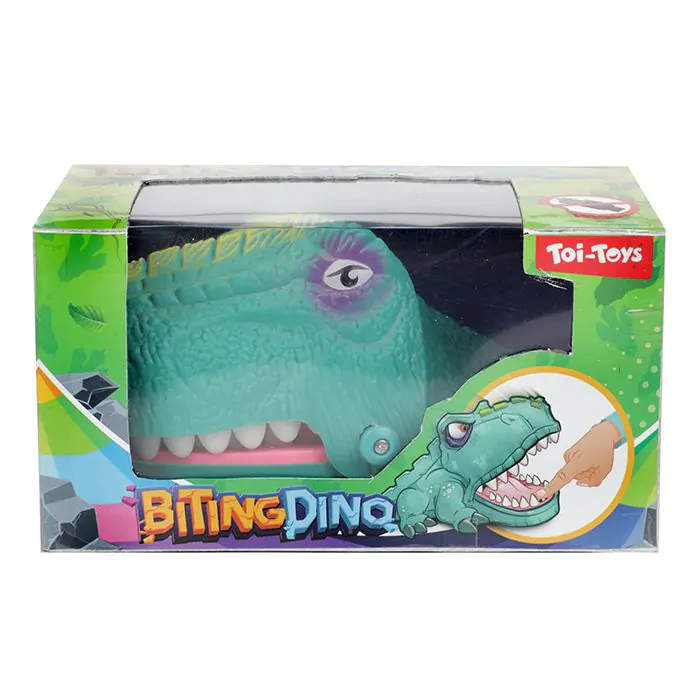 Verpackungsschachtel für das 'Biting Dino'-Spielzeug mit einem grünen Dino-Kopf und einer Illustration der Beißfunktion.