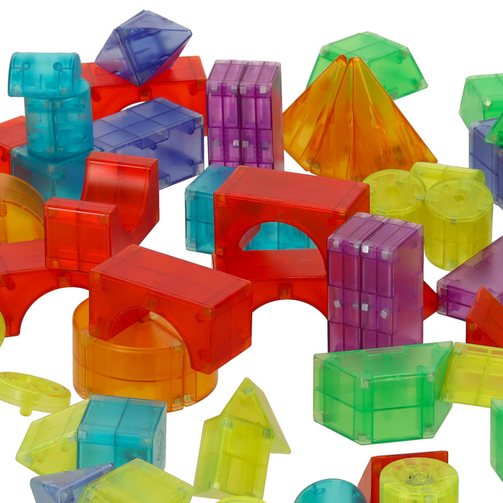 Bloques de construcción magnéticos, translúcidos y coloridos en varias formas.