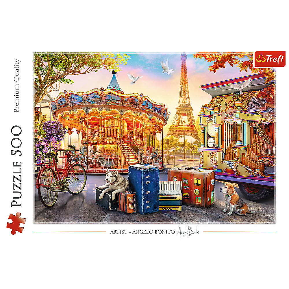 Paris-Szene mit Karussell, Eiffelturm, Hunden und Koffern vor einem farbenfrohen Jahrmarkt.