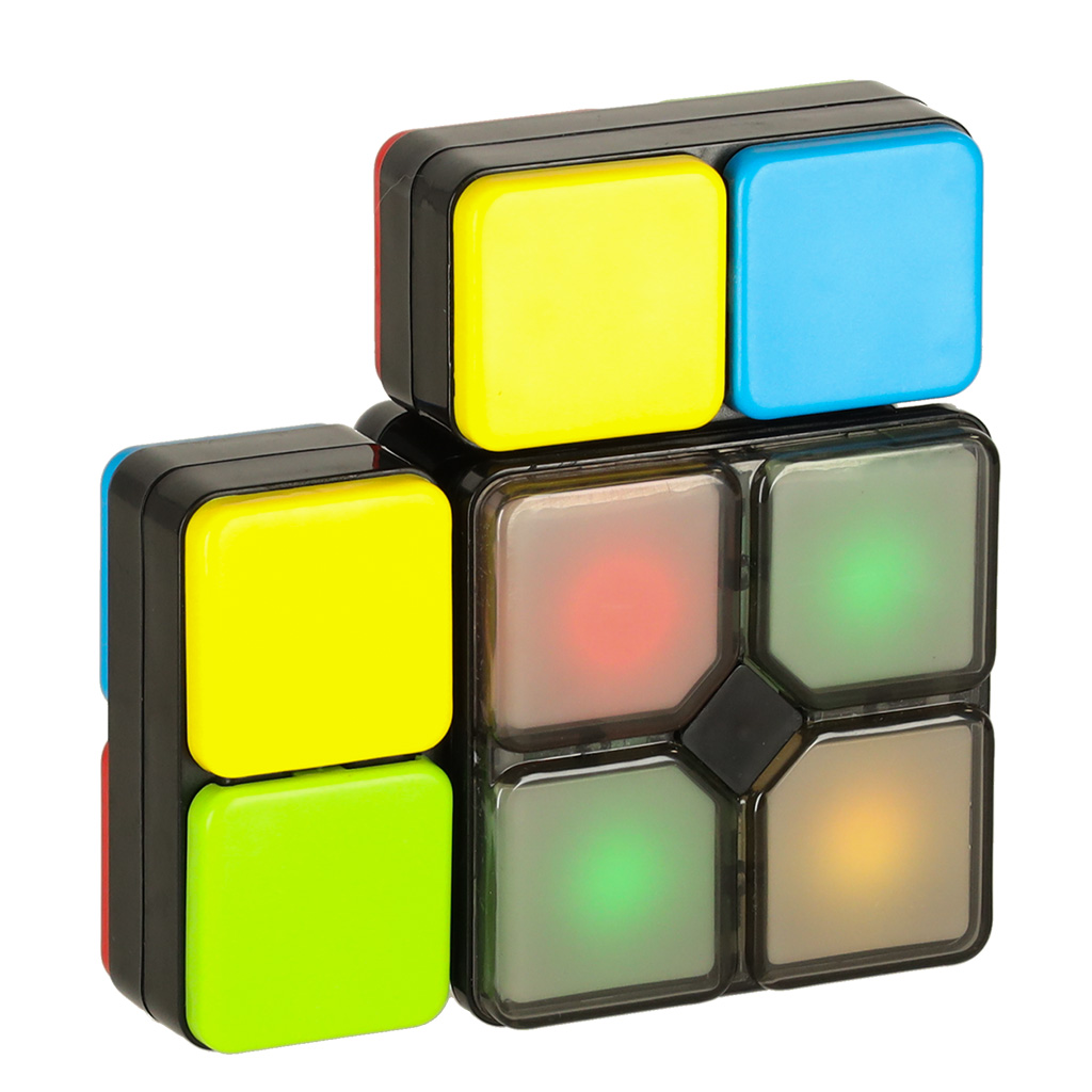 Un juego de rompecabezas electrónico negro con botones cuadrados coloridos y brillantes que incluyen amarillo, azul, rojo y verde.