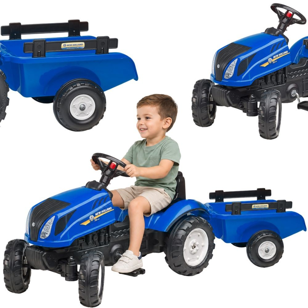 Bambino che guida un trattore giocattolo blu con rimorchio. In alto il trattore e il rimorchio sono mostrati separatamente.