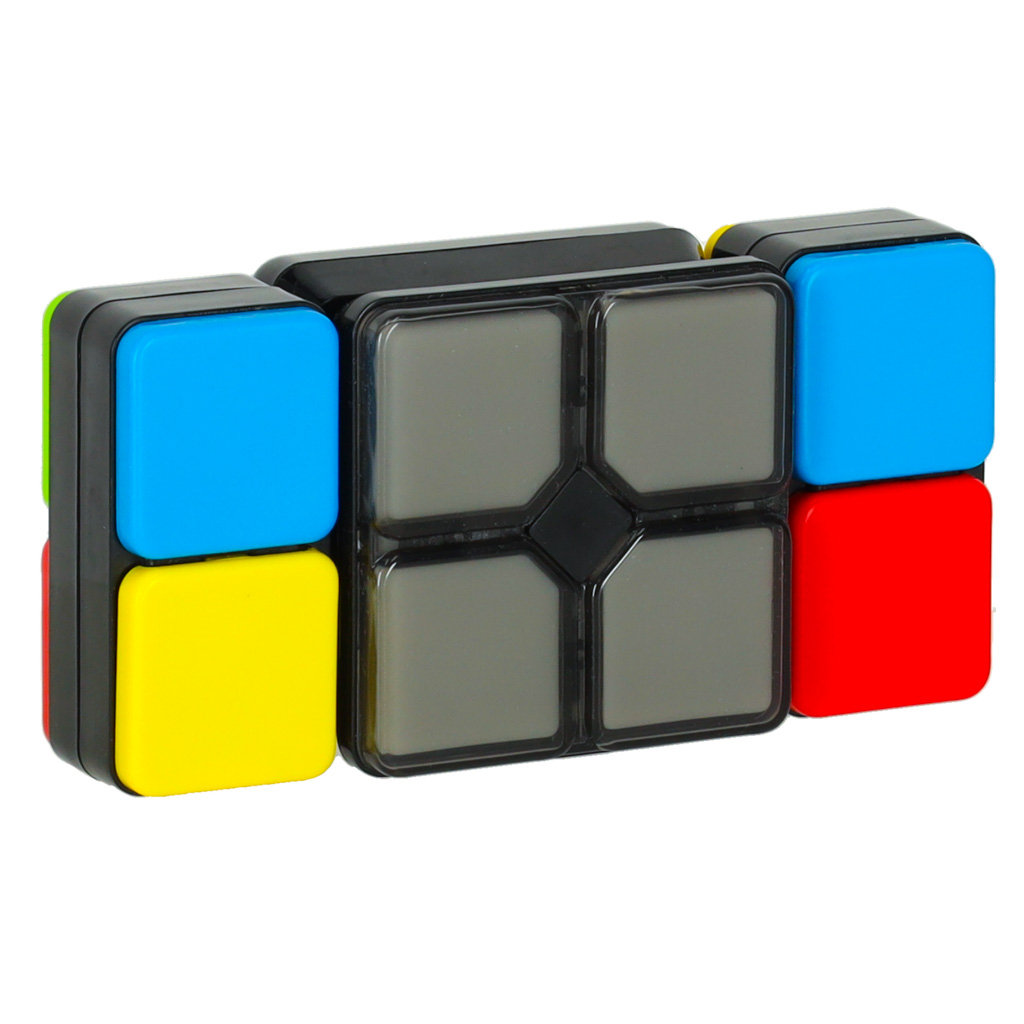 Un cubo de rompecabezas negro con fichas azules, amarillas, rojas y grises sobre un fondo blanco.
